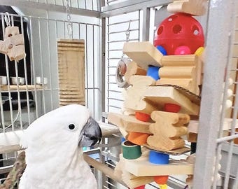 Large Bird Toy with Natural Pine Blocks & Birdie Bagels - Parrot Chew Toy