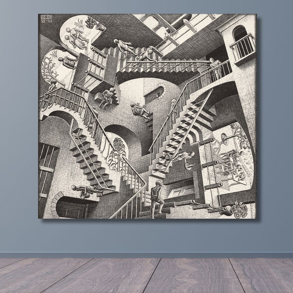 Relativity by Maurits Cornelis Escher Ready To Hang Canvas,M C ESCHER relativity Painting Canvas Print,Reproduction Modern Artwork Abstract