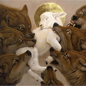 May include: A painting showing a white lamb with a golden halo, encircled by aggressive brown wolves. The wolves are depicted with snarling expressions, biting at the lamb. The artwork has a surreal, symbolic theme.