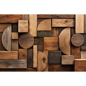 Puede incluir: Una pieza de arte mural compuesta por varios bloques de madera de diferentes formas, incluyendo cuadrados, rectángulos y semicírculos. La madera presenta una gama de tonos marrones naturales, vetas visibles y texturas en un patrón geométrico.