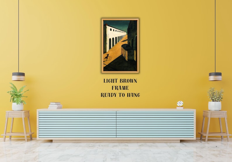 May include: A framed art print depicting a stylized street scene with a figure in motion. The artwork is in a light brown frame and is ready to hang. The text below the frame reads "LIGHT BROWN FRAME READY TO HANG".