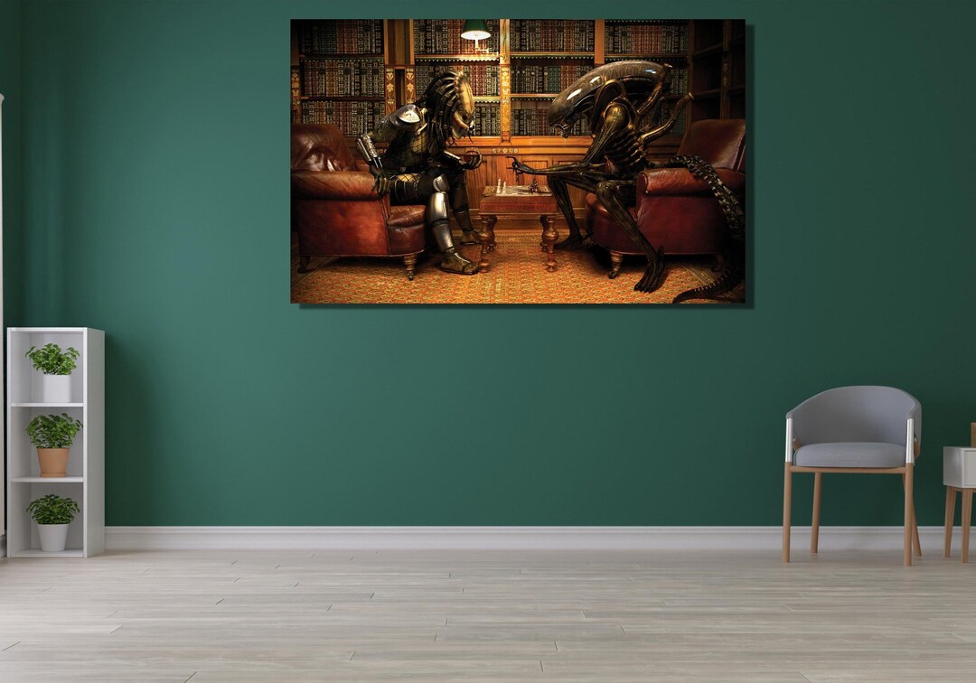 Alien Vs Predator Playing Chess Canvas, Alien Canvas, Playing Room ...
