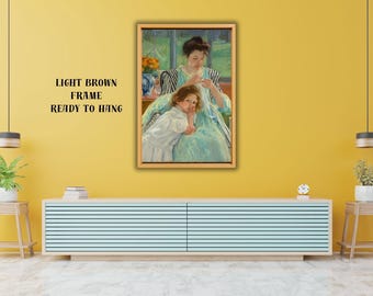 Mary Cassatt-kunstprint, jonge moeder naait, ingelijste canvas muurkunst