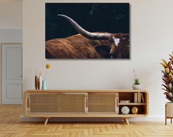 Texas Longhorn Bull Portrait, Farmhouse Canvas Wall Art