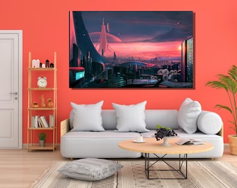Retro Futurism Cityscape Canvas, Sci-Fi Wall Art
