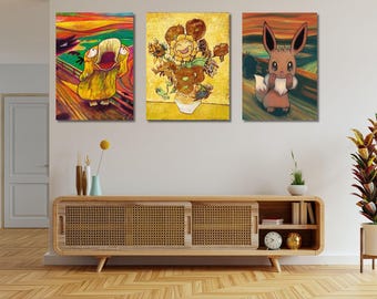 Leinwanddruck-Set mit Van Gogh Pikachu, Evoli, Snorlax - fertig zum Aufhängen