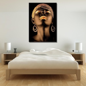 African Woman Gold Hair Ready To Hang Canvas, African Art, Afro American Canvas Wall Art, Golden Beauty Wall Art, African Woman Gold Lip Art
