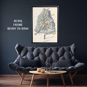 Op de afbeelding: Een ingelijste kunstdruk met een surrealistische illustratie. Het kunstwerk toont figuren die uit een geometrische structuur tevoorschijn komen, met een klein, rood object aan de basis. De woorden "BLACK FRAME READY TO HANG" staan op de muur gedrukt. De print wordt boven een grijze bank weergegeven.