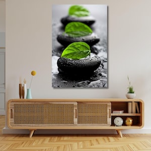 Leaves on spa stones print on canvas Zen wall art Bathroom decor Relaxing wall art Spa decor Green wall art Best selling Canvas wall art