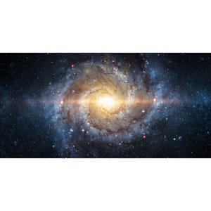 May include: A vibrant image of a spiral galaxy, showcasing a bright, yellow-orange core and swirling arms of blue and white. The galaxy is set against a dark, star-filled background, with a horizontal band of light across the center.