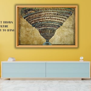 Peut inclure: Une œuvre d'art encadrée représentant une structure détaillée à plusieurs niveaux dans des tons de marron, beige et bleu, sur un fond doré texturé. L'œuvre est dans un cadre marron clair, prête à être accrochée.