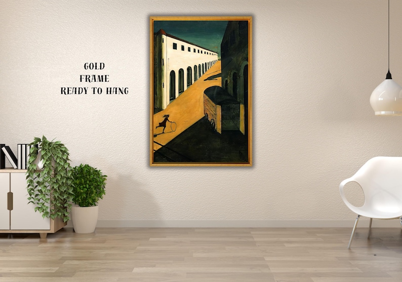 May include: A framed art print depicting a surreal street scene with a figure rolling a hoop. The artwork features a gold frame and the text "GOLD FRAME READY TO HANG". The color palette includes shades of yellow, black, and white.