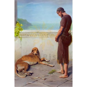 Puede incluir: Una pintura que muestra a una persona con barba vistiendo una túnica y gorro marrón, de pie descalzo sobre un suelo de piedra. Un perro grande de color canela y patas largas yace en el suelo. La escena incluye un muro de piedra, follaje y el mar.