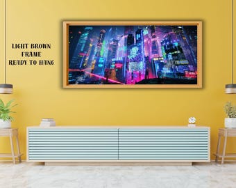 Cyberpunk City Canvas Print, Neo Futuristic Wall Art