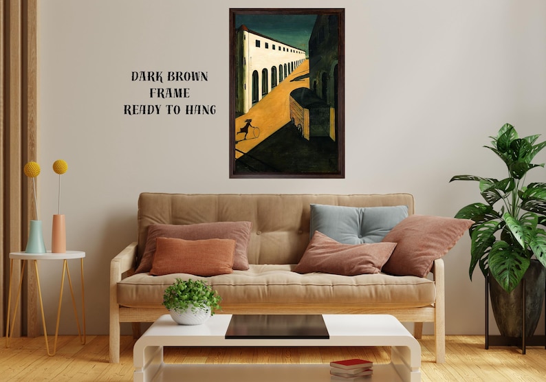 May include: A framed art print featuring a stylized street scene with a figure and a cart. The artwork is in a dark brown frame and ready to hang. The color palette includes yellow, green, and white.