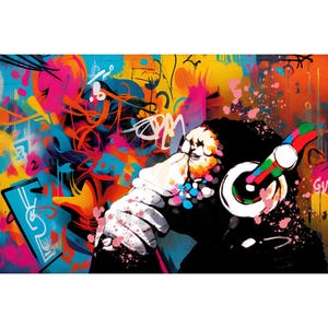 May include: A vibrant graffiti art print featuring a chimpanzee wearing headphones. The artwork showcases a colorful background with splashes of pink, orange, blue, and yellow. The chimpanzee is depicted in black and white with colorful accents.