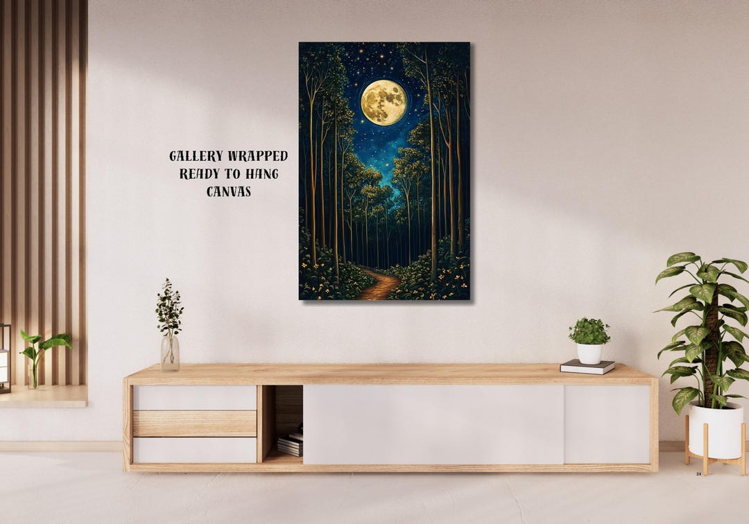 Moonlit Forest Path Wall Art Printable, Night Landscape Art, Full Moon ...
