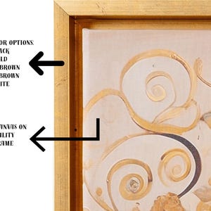 May include: Gold framed canvas art with a cream background and gold floral design. The frame color options are black, gold, light brown, dark brown, and white. The canvas is stretched on a high-quality wood frame.