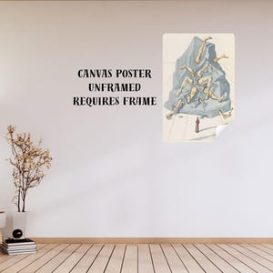 Op de afbeelding: Een ongeretoucheerde canvas poster met surrealistische kunst. De afbeelding toont menselijke ledematen die uit een blauwgrijze rotsformatie komen, met een klein figuur eronder. De tekst op de poster luidt: CANVAS POSTER UNFRAMED REQUIRES FRAME.