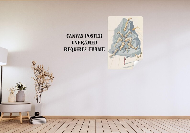 Op de afbeelding: Een ongeretoucheerde canvas poster met surrealistische kunst. De afbeelding toont menselijke ledematen die uit een blauwgrijze rotsformatie komen, met een klein figuur eronder. De tekst op de poster luidt: CANVAS POSTER UNFRAMED REQUIRES FRAME.