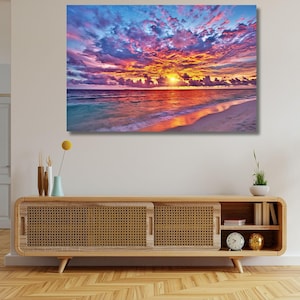 Peinture sur toile colorée de paysage marin de coucher de soleil, décor texturé abstrait de vue sur l'océan