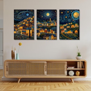 Set Of 3 Gustav Klimt Night Village Night Print, Klimt Moon Stars Canvas Wall Art Modern Living Room Gold Flowers Night Sky wall art decor