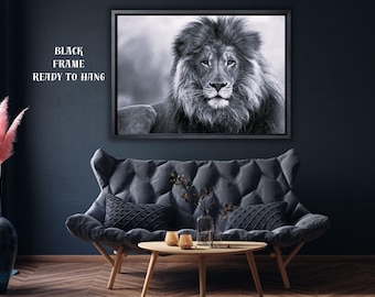 Lienzo con estampado de león en blanco y negro: Decoración de pared con motivos de animales.