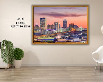 Vintage Boston Skyline Canvastavla, Stor Boston-väggkonst, Fantastisk Boston-målning, Boston-väggdekor