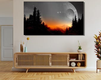 Lienzo con paisaje de la Estrella de la Muerte de Star Wars, listo para colgar.