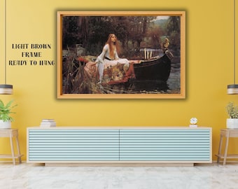 May include: A framed print of a painting depicting a woman in a boat on a lake. The artwork is in a light brown frame and is ready to hang. The text "LIGHT BROWN FRAME READY TO HANG" is in the upper left corner.