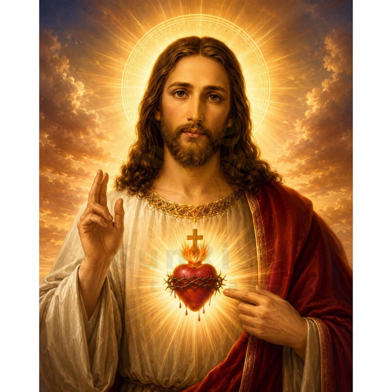 4 Catholic Prayers for Protection 2 May include: A portrait of Jesus with long brown hair and a beard, wearing a white robe and a red mantle. A glowing Sacred Heart with a cross and crown of thorns is centered on the chest, with a golden halo and a sunset sky in the background.