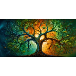 May include: A digital artwork depicting a large tree with intricate, sprawling branches. The left side of the tree features cool tones of teal, blue, and green, while the right side transitions into warm shades of orange, gold, and yellow.