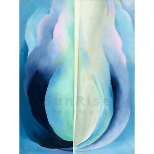 以下が含まれることがあります： 垂直に分割された抽象的な花の絵。このアートワークは、青、白、ピンクの色合いを特徴としています。「SunRise Digital Market」のテキストが下部に表示されます。絵は柔らかく流れるような外観をしています。