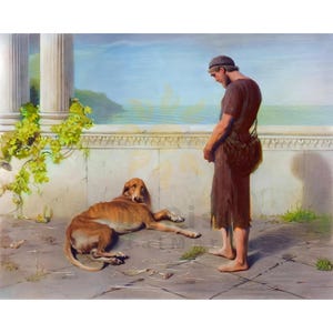 Puede incluir: Una pintura que muestra a una persona descalza con una túnica marrón y un bolso al hombro, de pie ante un perro marrón tumbado en una terraza de piedra. Al fondo se ve una columna blanca con enredaderas verdes y un mar azul a lo lejos.