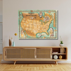 Póster de lienzo con el mapa de las tribus de las naciones indígenas, listo para colgar, impresión y decoración de oficina.
