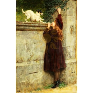 May include: An oil painting depicts a young person in a burgundy dress and hat reaching towards ivy. A white and black dog is on a stone wall. The scene is set outdoors with a stone wall and greenery.