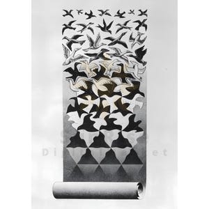 May include: A black and white print featuring a tessellation pattern that transitions from geometric triangles at the bottom to detailed bird silhouettes at the top. The artwork is displayed on a vertical scroll with a rolled base, showing a gradient.