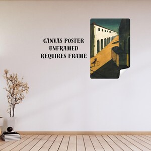 May include: An unframed canvas poster featuring a surrealist painting of an arched colonnade and a figure with a dog. The artwork is in shades of yellow, brown, and blue. Text on the wall reads: CANVAS POSTER UNFRAMED REQUIRES FRAME.