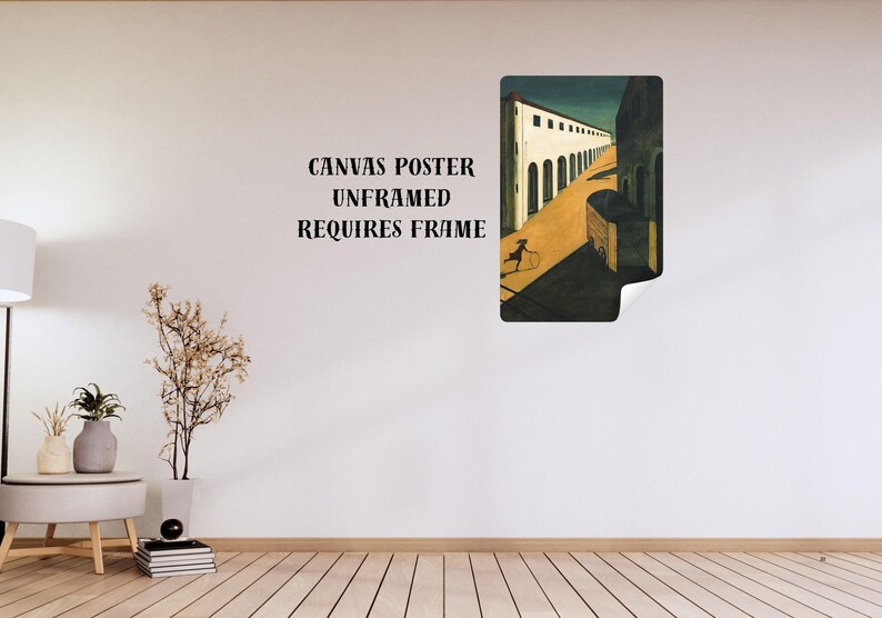 May include: An unframed canvas poster featuring a surrealist painting of an arched colonnade and a figure with a dog. The artwork is in shades of yellow, brown, and blue. Text on the wall reads: CANVAS POSTER UNFRAMED REQUIRES FRAME.