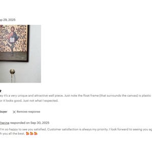 The image is a screenshot of a customer review for a wall art piece. The review is written in a text format and includes a rating of 5 stars, a contact information for the buyer, and a response from the seller.