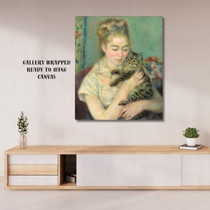 Woman with a Cat by Pierre Auguste Renoir Wall Art, Fine Wall Decor, Ready to Hang Canvas, Museum Quality Art Print, Gift Poster Idea