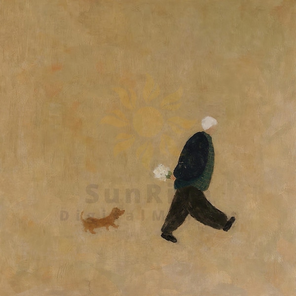 Papa and Puppy Canvas Painting, Man Walking with Dog Canvas Poster