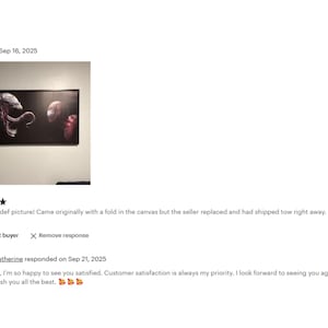 The image is a screenshot of a website page featuring a rating and comment system for artwork. The page displays a rating of 5 stars for a painting, along with a comment from a customer expressing their satisfaction with the seller's response.