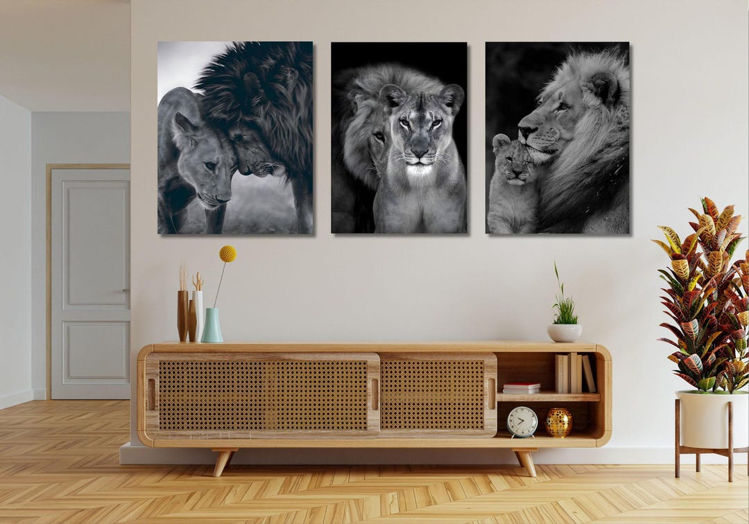 Lion Family Canvas Print Set, Black and White Savannah Art - Etsy