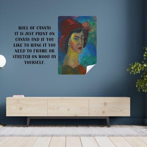 May include: A print on canvas of a woman in a red hat, with text that reads "ROLL OF CANVAS IT IS JUST PRINT ON CANVAS AND IF YOU LIKE TO HANG IT YOU NEED TO FRAME OR STRETCH ON WOOD BY YOURSELF."