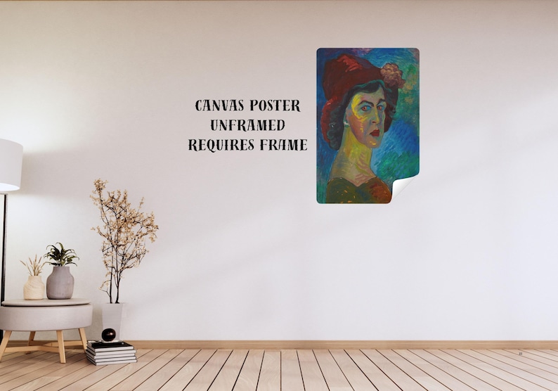 May include: A canvas poster featuring a colorful portrait of a woman wearing a red hat. The artwork has a vibrant, impressionistic style with bold brushstrokes and a mix of blues, greens, and yellows. Text on the poster reads: CANVAS POSTER UNFRAMED REQUIRES FRAME.
