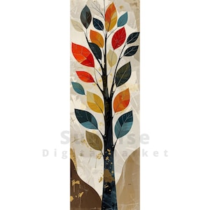May include: A vertical wall art print featuring a stylized tree with a dark trunk and branches adorned with multicolored leaves in shades of red, orange, yellow, and blue. The background consists of abstract beige and brown shapes with gold accents.
