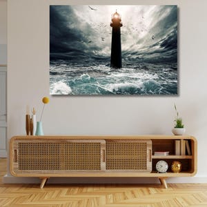 Lighthouse in the ocean canvas print Storm ocean art Lighthouse canvas Sea print Lighthouse storm sea Living room decor Extra large wall art