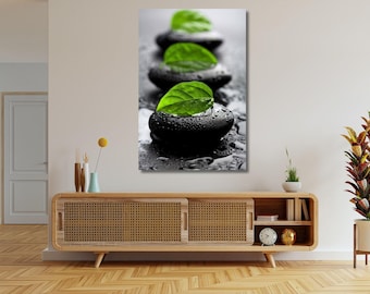 Zen Spa Stones Canvas Art: Leaf Decor, Relaxing Print