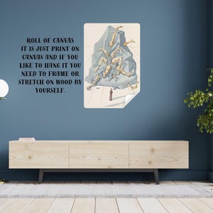 Op de afbeelding: Een canvas print van een surrealistisch kunstwerk met figuren die uit een rotsformatie tevoorschijn komen. De tekst op de muur luidt: "ROLL OF CANVAS IT IS JUST PRINT ON CANVAS AND IF YOU LIKE TO HANG IT YOU NEED TO FRAME OR STRETCH ON WOOD BY YOURSELF."